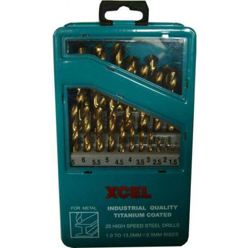 Titanium Xcel 25-piece drill bit set in steel case, offering durability and precision for professionals and DIY enthusiasts.