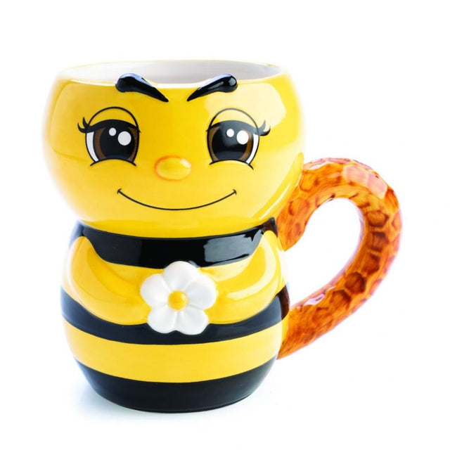 Adorable 3D bumble bee mug in vibrant yellow with a honeycomb handle, perfect for coffee lovers and unique gift giving.