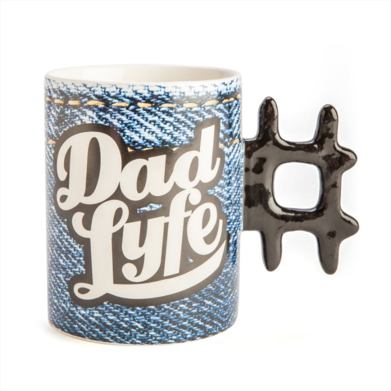 Denim print mug with hashtag handle, celebrating modern dad life, perfect for coffee or tea enthusiasts.