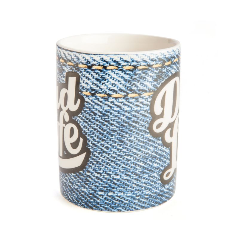 Denim print mug with hashtag handle, celebrating modern dad life; perfect gift for birthdays or Father's Day.