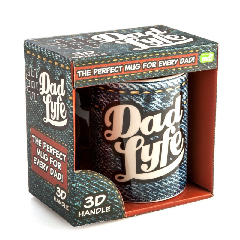 Denim print mug with hashtag handle, perfect for modern dads who celebrate 'Dad Lyfe' with style and comfort.