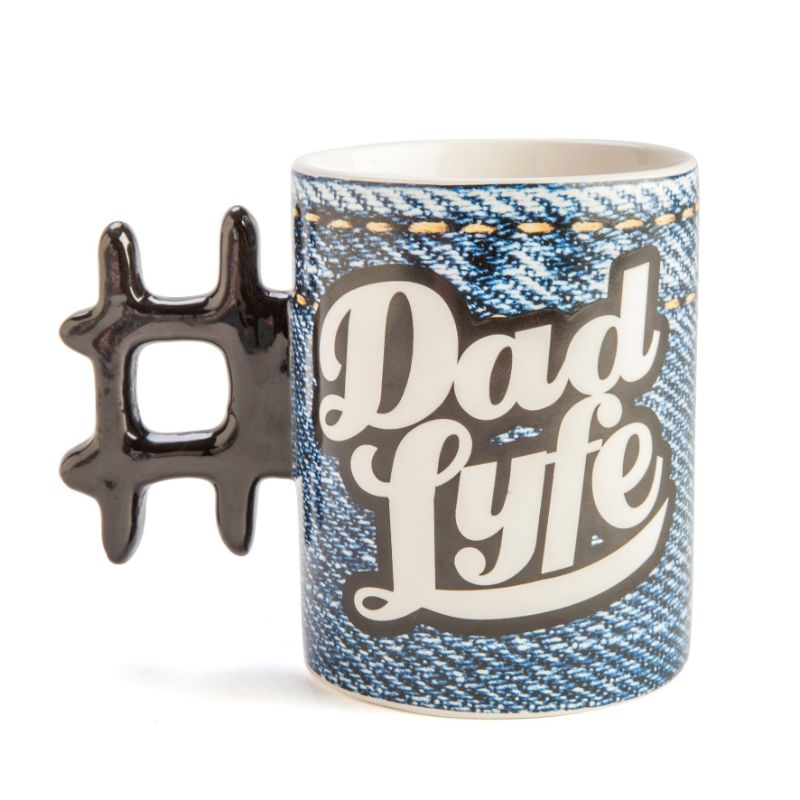 Denim print ceramic mug with hashtag handle and 'Dad Lyfe' design, perfect gift for dads.