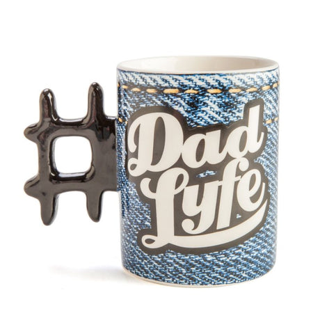 Denim print ceramic mug with hashtag handle and 'Dad Lyfe' design, perfect gift for dads.