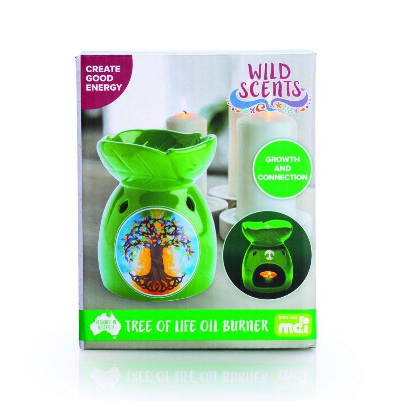 Elegant 14cm Tree of Life oil burner with intricate leaf bowl, colorful back, perfect for creating calming aromas.