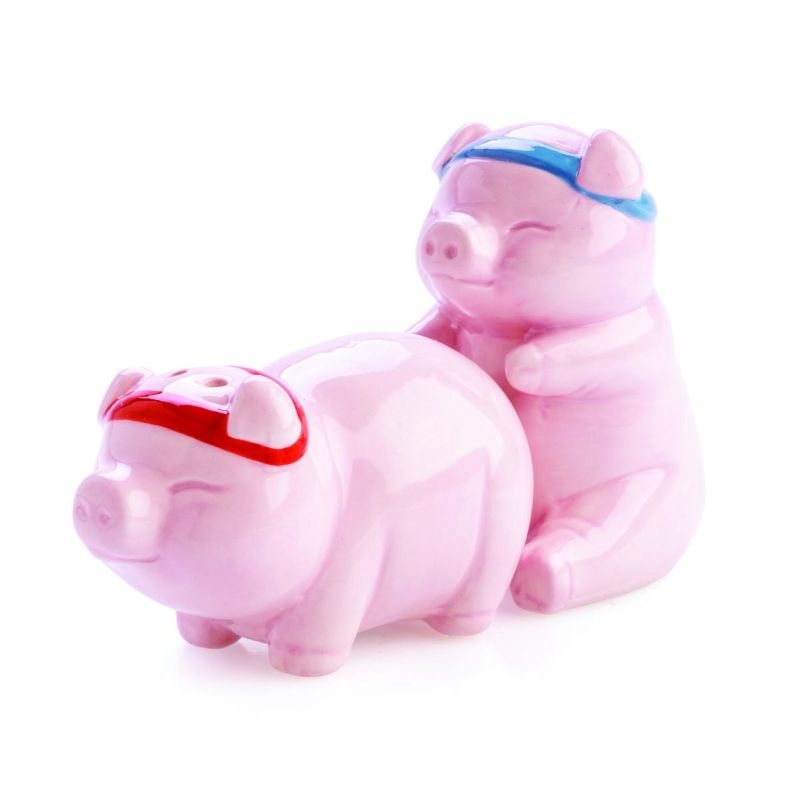 Cheeky pig-shaped salt and pepper shakers with blue and red headbands, perfect for playful dining decor.