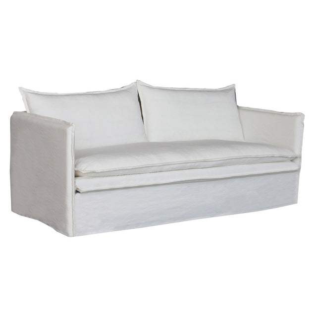 Elegant white 3-seat sofa with linen upholstery and sturdy wooden frame, perfect for stylish living spaces.