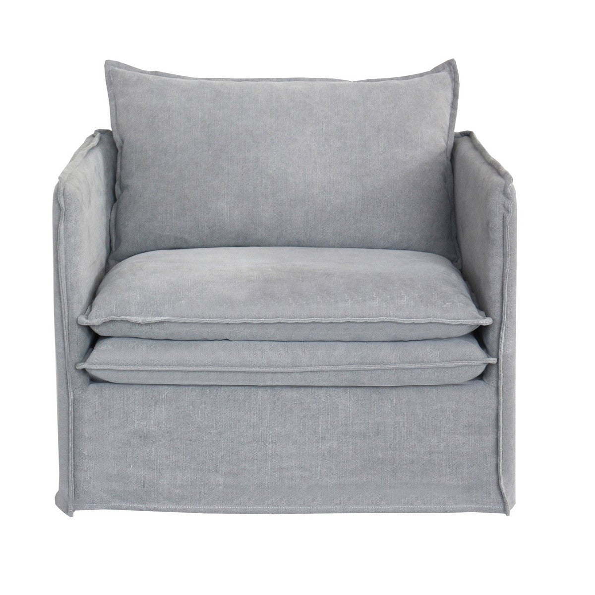 Stylish Courtenay Grey Armchair, 1m size, featuring soft upholstery, plush cushioning, and a modern design for versatile decor.