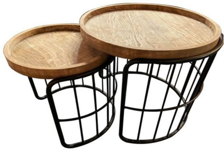 Set of 2 rustic wooden side tables with a smooth finish and black metal base, perfect for modern home decor.