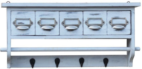 Wooden key hanger (66cm) featuring a distressed light blue finish, with coat hooks and drawers for stylish organization.