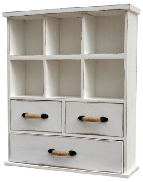 White wall organiser (54cm) with vintage charm, featuring 3 drawers and shelves for stylish home organization.