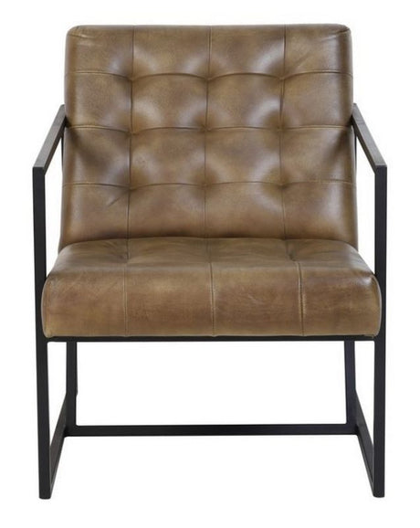 Stylish tan leather chair with iron frame, featuring firm buffalo leather seating for comfort and modern elegance.