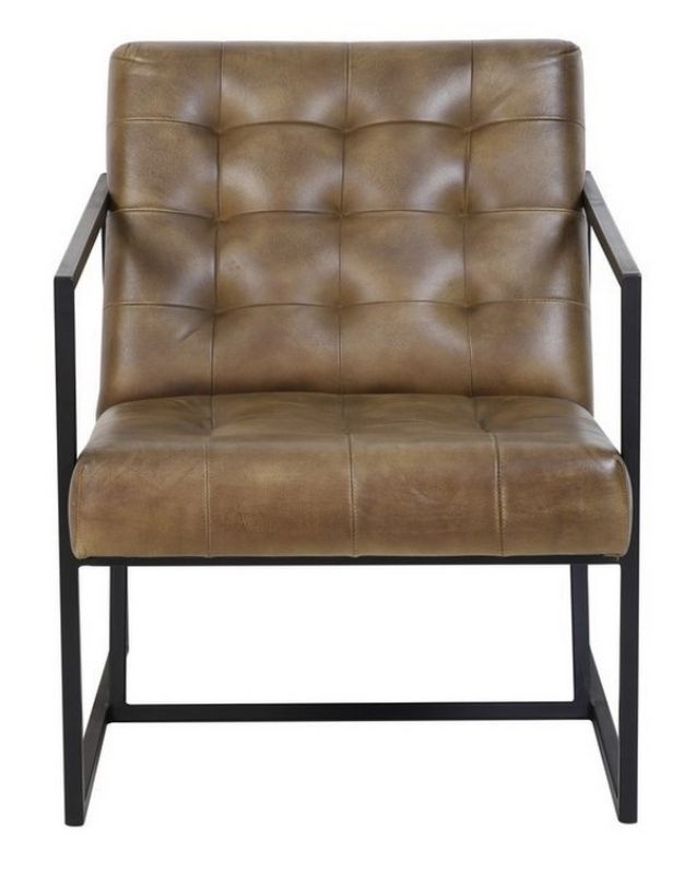 Stylish tan leather chair with iron frame, featuring firm buffalo leather seating for comfort and modern elegance.