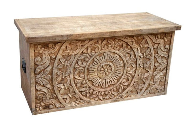 Exquisite 83cm wooden trunk carved from mango wood, featuring iron handles and a natural finish for stylish home storage.