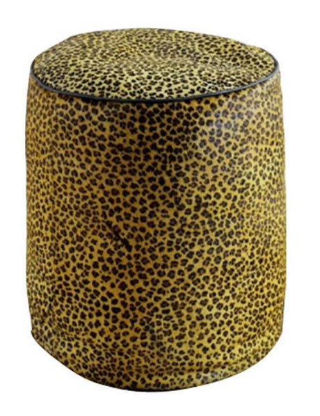 Round leather ottoman in leopard print, 46cm, offering stylish seating and texture for any room's decor.