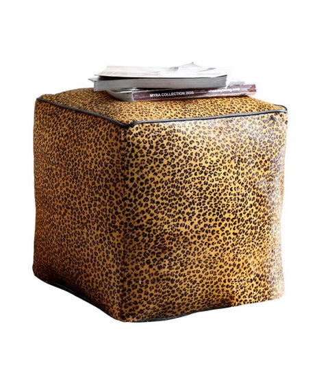 Leather square ottoman in leopard print, 45cm, made from durable cowhide, perfect for seating or decor.