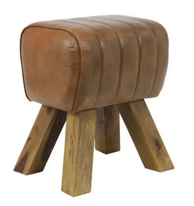 Stylish Vintage Leather Vault Stool in durable buffalo leather with a solid mango wood frame, perfect for any living space.