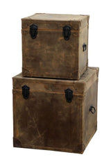 Set of 2 vintage leather trunks with earthy tones, metal clasps, and robust plywood frames for stylish home storage.