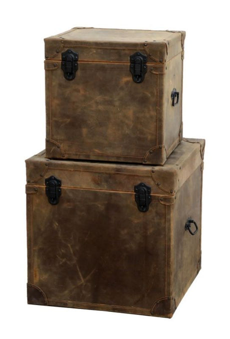 Set of 2 vintage leather trunks with earthy tones, metal clasps, and robust plywood frames for stylish home storage.