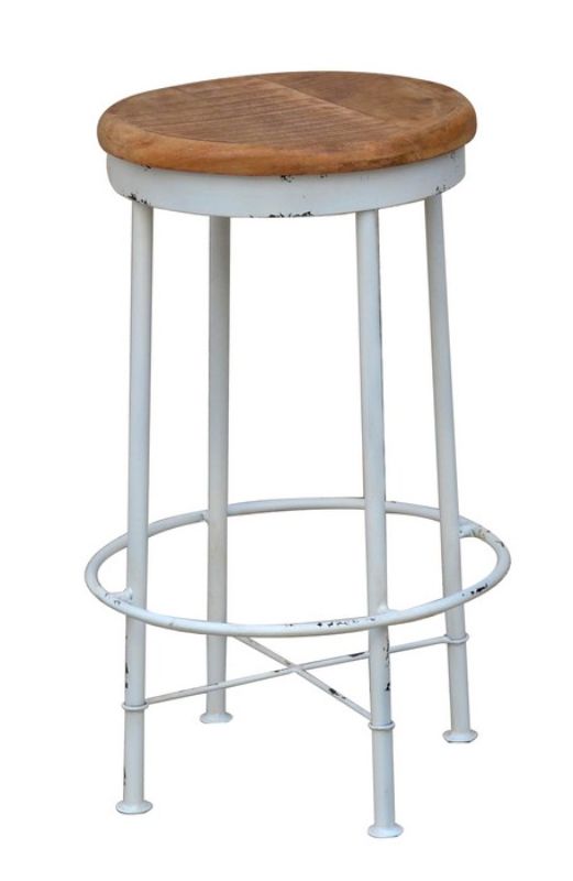 Stylish white bar stool with a mango wood top and metal base, perfect for modern and rustic home decor.