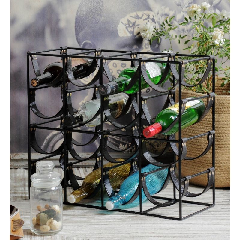 Elegant metal and leather wine rack holding 16 bottles, perfect for enhancing home bars or dining areas.