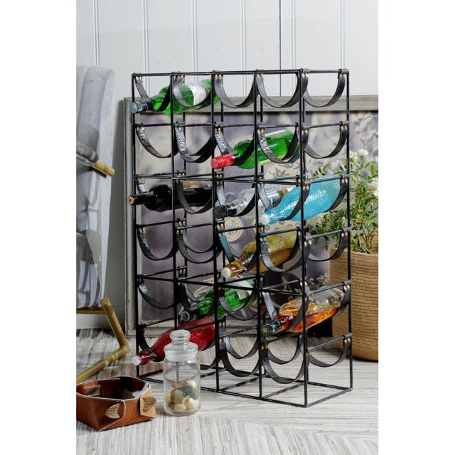 Sleek black metal and leather wine rack, 70cm tall, holding up to 24 bottles, perfect for elegant home or bar decor.