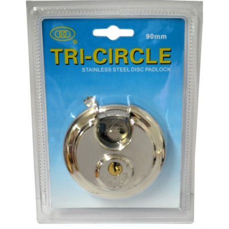 Stainless steel Tricircle TL980 90mm padlock with closed shackle for superior rust-resistant security and two precision keys.