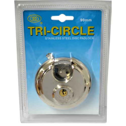 Stainless steel Tricircle TL980 90mm padlock with closed shackle for superior rust-resistant security and two precision keys.