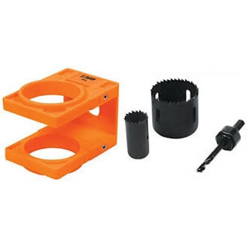 Hole Saws-Lock Install Kit with Template by Truper for precise lock installation on wooden doors, featuring durable carbon steel saws.