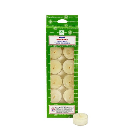 Satya Patchouli Tealight Candles with earthy aroma, ideal for relaxation, gatherings, and insect repellent properties.