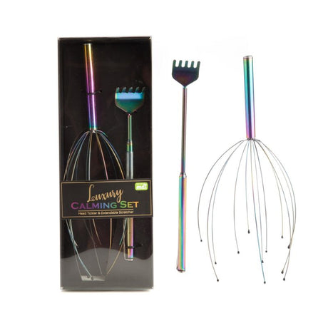 Luxury Calming Set featuring a metallic rainbow head tickler and extendable scratcher for ultimate relaxation and relief.