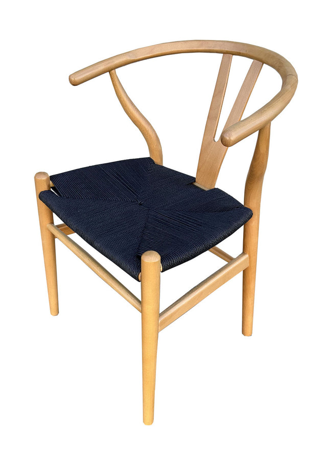 Wishbone Chair in natural and black, featuring a beech wood frame and rattan seat, ideal for stylish and comfortable seating.