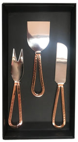 Elegant Loop Cheese 3 Piece Set with copper plated handles and stainless steel finish, ideal for stylish cheese presentations.