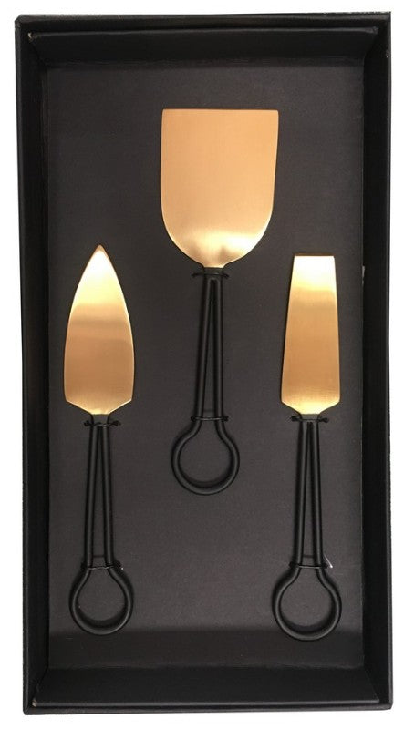 Elegant 3-piece cheese set in gold and black, perfect for stylish cheese platters and entertaining.