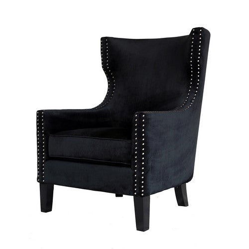 Cheslea Black Velvet Occasional Chair featuring luxurious velvet upholstery, studded detailing, and a sturdy timber frame.