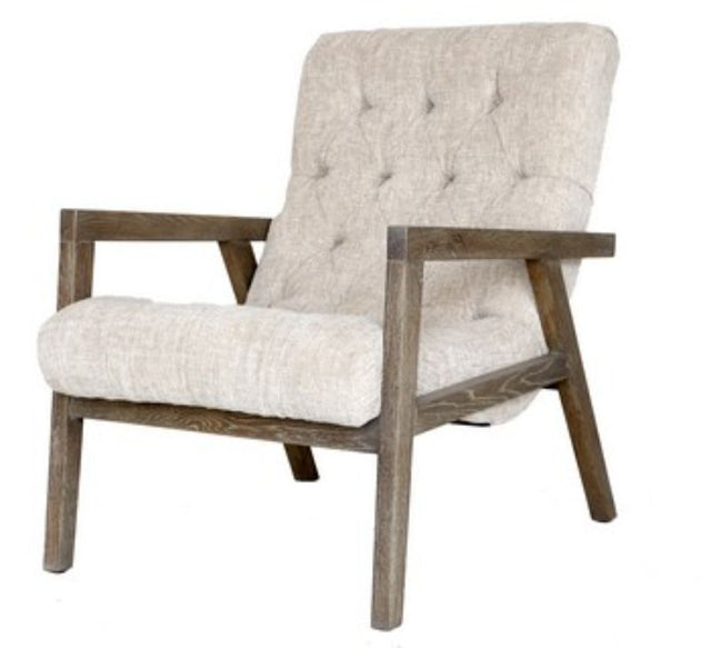 Vintage-inspired Bakersfield Armchair in natural finish, featuring linen upholstery and button-back design for timeless comfort.