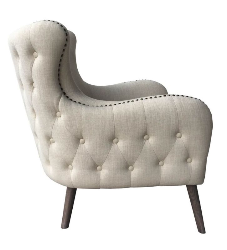 Sahara Occasional Chair in linen, featuring button back, brass nail detailing, and solid timber frame for modern elegance.
