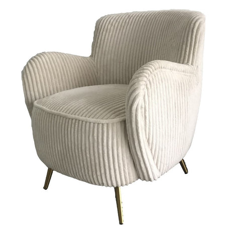 Ivory corduroy occasional chair with solid wood frame and brass feet, perfect for stylish comfort in any living space.