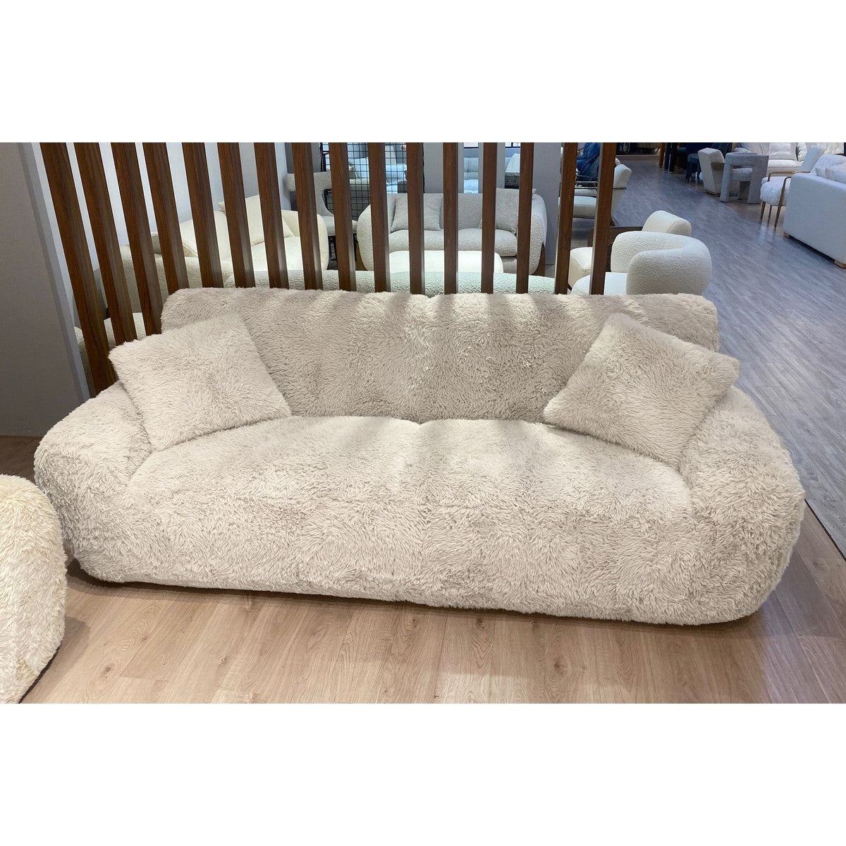 St Moritz 3 Seat Sofa in sand color with luxurious sherpa look, solid wood frame, and foam cushions for ultimate comfort.