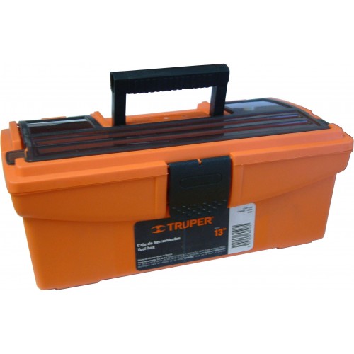 Durable Truper 13" plastic toolbox with removable tray, orange body, black lid, and secure padlock hole for tool organization.