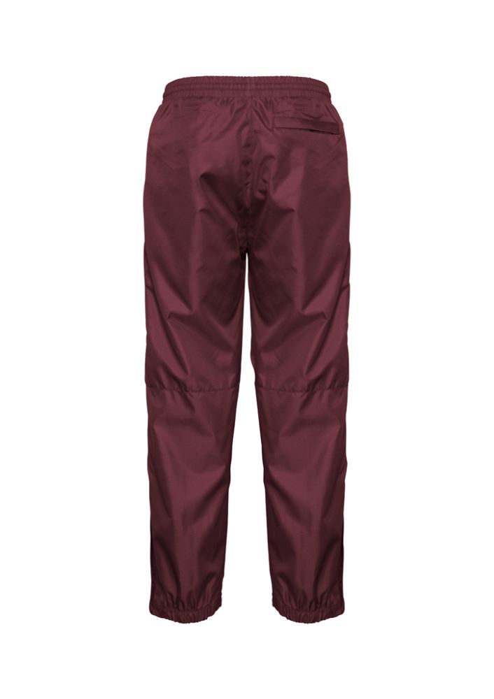 Kids maroon track pants with elastic waist, pockets, and bottom leg zippers, perfect for active young adventurers.