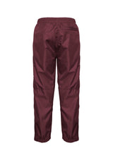 Kids maroon track pants with elastic waist, pockets, and bottom leg zippers, perfect for active young adventurers.