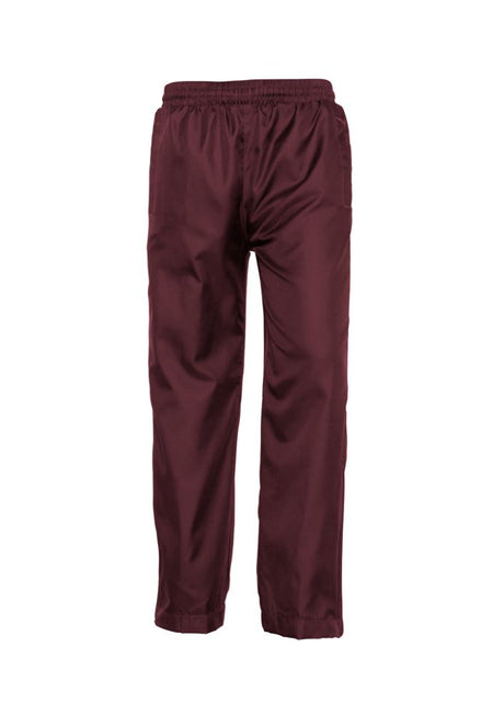 Maroon Kids Flash Track Pant by Biz Collection, size 6, featuring elastic waist, zippers, pockets, and breathable fabric.