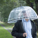 Clear birdcage umbrella offering spacious coverage and stylish design for enjoying rainy days without losing visibility.