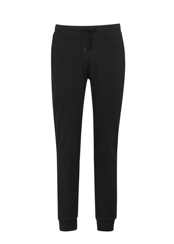 Kids Neo Pant in black, size 4/6, featuring a soft waistband, zippered pockets, slim fit, and stylish knitted cuffs.