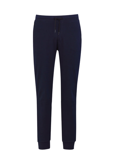 Navy Men's Neo Pant in XS, soft double-faced fabric, ergonomic fit, open side pockets, stylish knitted hem and cuff.