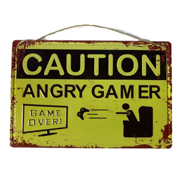 Metal wall art sign reading "Caution Angry Gamer," perfect for enhancing gaming spaces with a striking design.