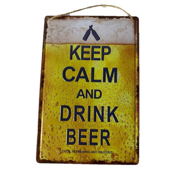 Metal wall art sign featuring "Keep Calm and Drink Beer" in vibrant colors, perfect for kitchens or man caves.