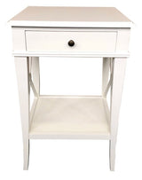 Elegant white poplar bedside table with a single drawer, perfect for adding country chic style to bedrooms.