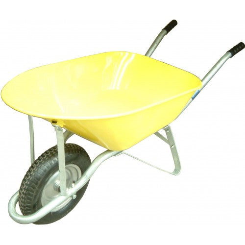 Bright yellow Tradies Barrow with 75L steel tray, 200kg capacity, heavy-duty frame for reliable hauling and transport.