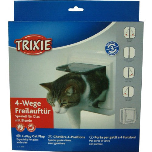 4-way lockable Trixie cat flap in white for glass doors, measuring 177 x 187mm, offering secure pet access.